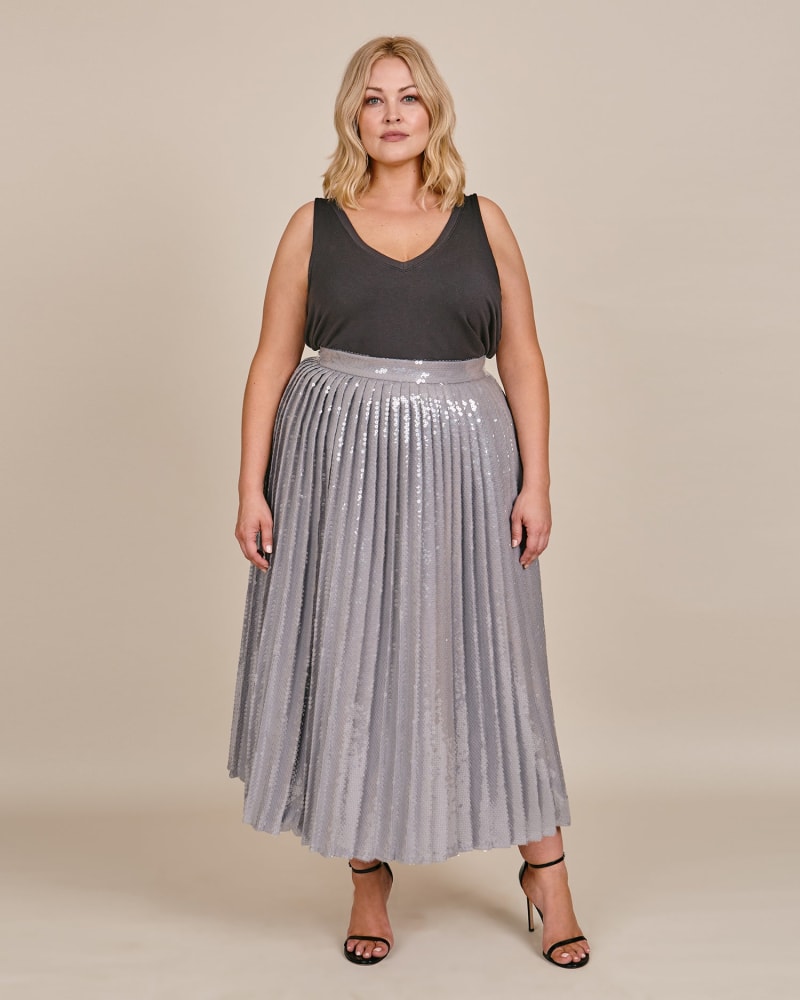 Front of a model wearing a size 16 Pailette Pleated Skirt in Grey by Brandon Maxwell. | dia_product_style_image_id:225926